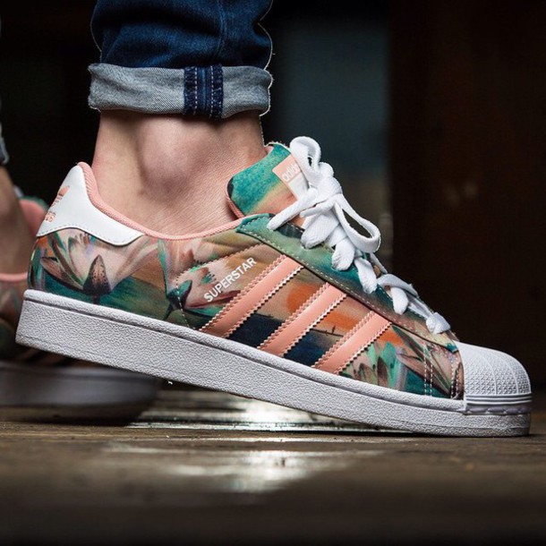 floral and coral adidas superstar sneakers